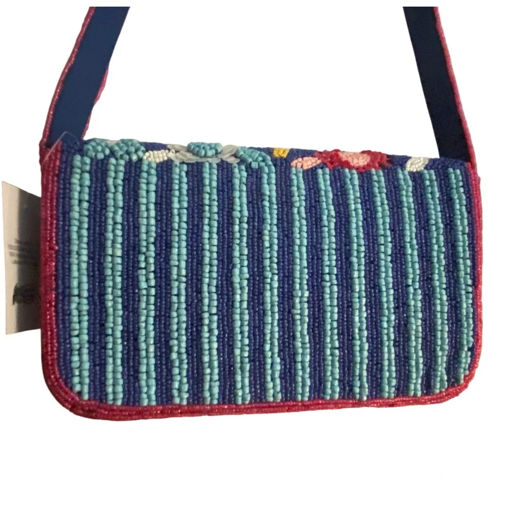 Floral Beaded Shoulder Bag Blue Pink Sequin Handcrafted Made in India NWT